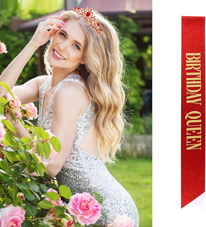 Happy Birthday Queen Tiara Crowns for Women, Red Sash, Party Favors Supplies Gift, 30th Decorations, Stuff Accessories