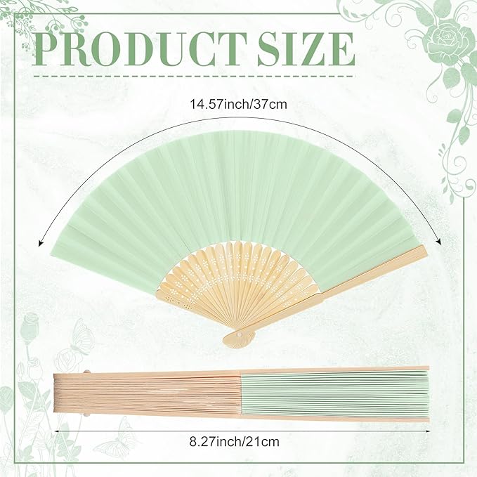 Yinkin 24 Pack Folding Fans Bamboo Handheld Folded Craft Hand Japanese Chinese Fans for Weddings Bridal Dancing Church DIY Decoration Women Gift Party Favors (Light Green)