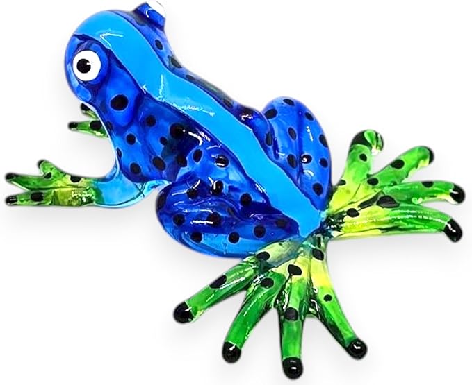 WitnyStore 2⅛" Blue Black Dot Frog Artistic Blown Glass Figurine Premium Hand-Blown Statue Tabletop Decoration Unique Collectible for Adult Collectors Handcrafted Elegant Home Room Decor