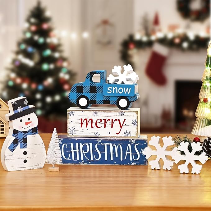 Yinhua Christmas Decorations Indoor, Christmas Table Decor, Blue Truck Snowman Decorations with Xmas Tree & Snowflakes, Farmhouse Wooden Block Sign, Xmas Mantel Decor for Tiered Tray, Desk, Bookshelf