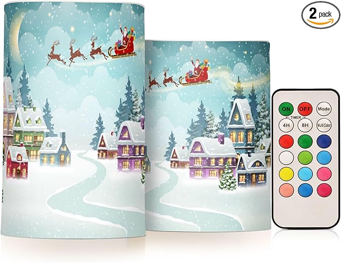 ALAZA Santa Reindeer Winter Christmas Scene Snow Flickering Flameless Candles Battery Operated with Remote Timer,Tea Light Candles LED Pillar Votive Candles Set of 2 for Outdoor Indoor Decorations