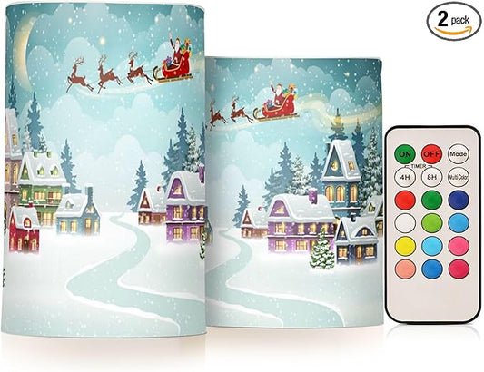 ALAZA Santa Reindeer Winter Christmas Scene Snow Flickering Flameless Candles Battery Operated with Remote Timer,Tea Light Candles LED Pillar Votive Candles Set of 2 for Outdoor Indoor Decorations