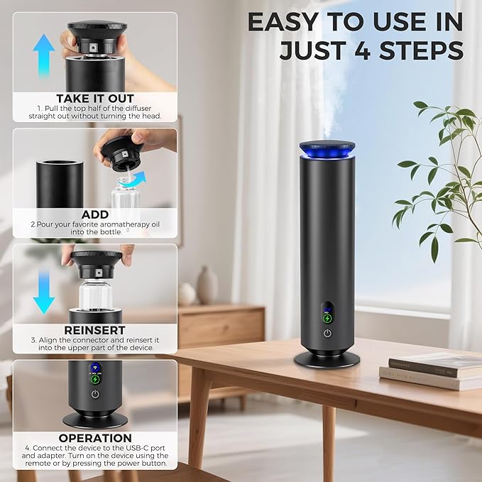 Hotel Scent Diffuser Starter Kit - 1000 Square Feet, 7 Ambient Light Settings, Includes 5 Essential Oils for Hotel Aromatherapy, Hotel Scent Diffuser,for Hotels, Homes, and Large Rooms, Black
