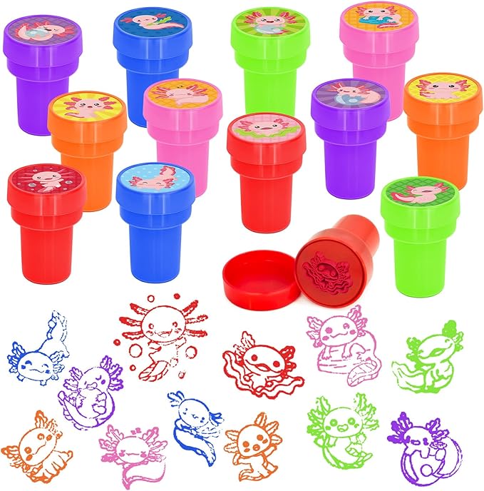 Cinrobiye 24 Pcs Axolotl Stamper for Kids ,Axolotl Self-Inking Stamp Set for Party Favors Classroom Rewards DIY Craft Goodie Bag Fillers Birthday Gifts Spring Summer Theme Supplies