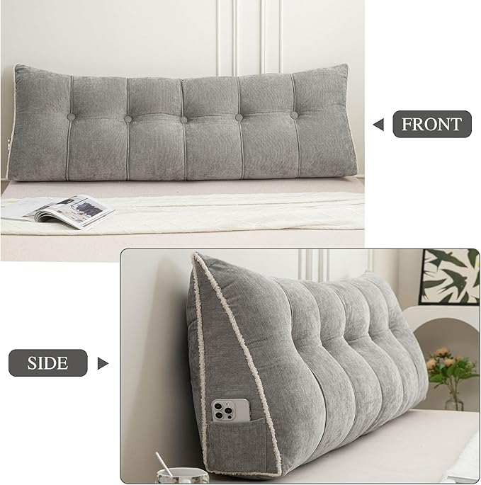 Headboard Pillow Twin, Chenille Triangular Wedge Pillow Headboard Twin Size, Reading Setting Backrest Daybed Pillows for Bed Sofa with Removable Coverr, Grey
