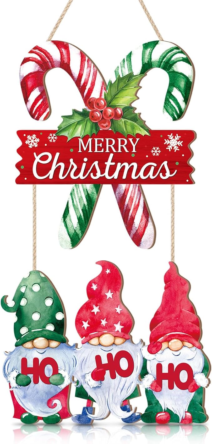 CHDITB Xmas Wooden Sign, Merry Christmas Wood Hanging Plaque, Candy Cane Holiday Front Door Sign, Dwarf Christmas Wall Art Sign Hanger, Xmas Seasonal Wall Decor for Outdoor Porch Yard Fireplace Decor