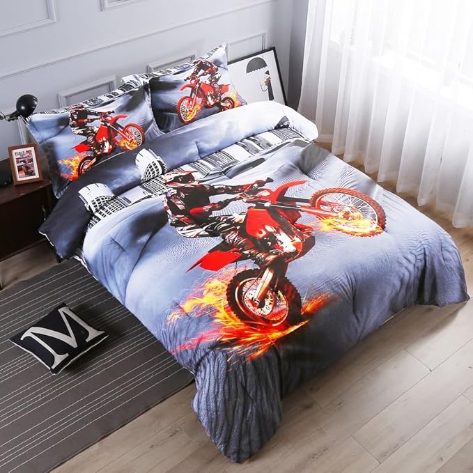 Dirt Bike Comforter Sets Full Size Racing Motocross Sports Extreme Theme Bedding Sets for Boys
