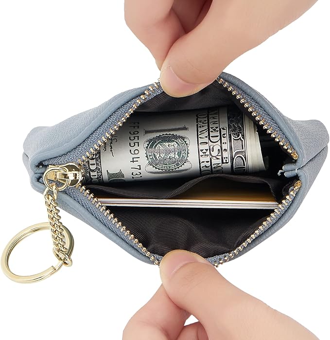 WOZEAH Artificial Leather Coin Purse Change Purse With Key Chain Ring Zipper For Men Women (A Blue)
