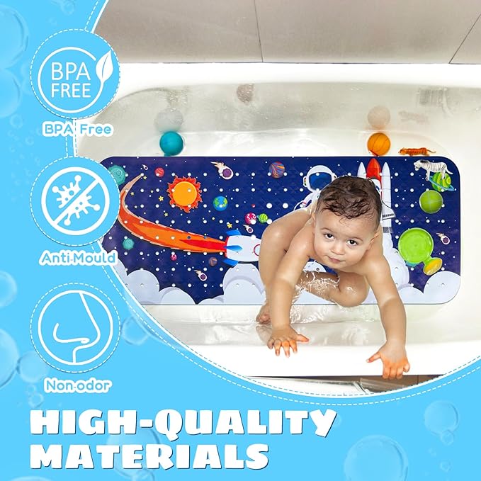 Baby Bath Mat for Tub Non Slip Kids Bathtub Mat Extra Long 40X16 Inch Toddler Bath Tub Shower Mat Anti Slip with Suction Cups & Drain Holes, Machine Washable (Space)