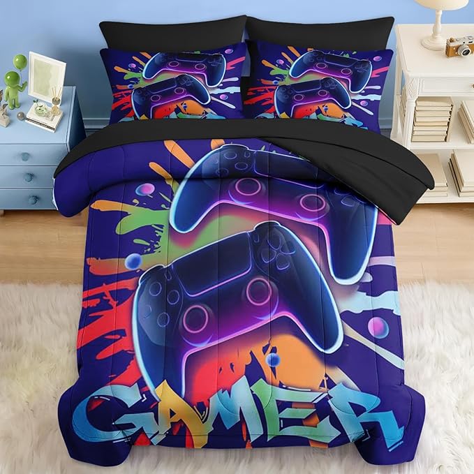 Comforter Set Twin Size, Game Graffiti 5 Pcs Bedding for Kids and Adults, Neon Geometric Gaming Bed Sheet Sets with Fitted Sheet Pillowcase & Sham for Bedroom Bed Decor