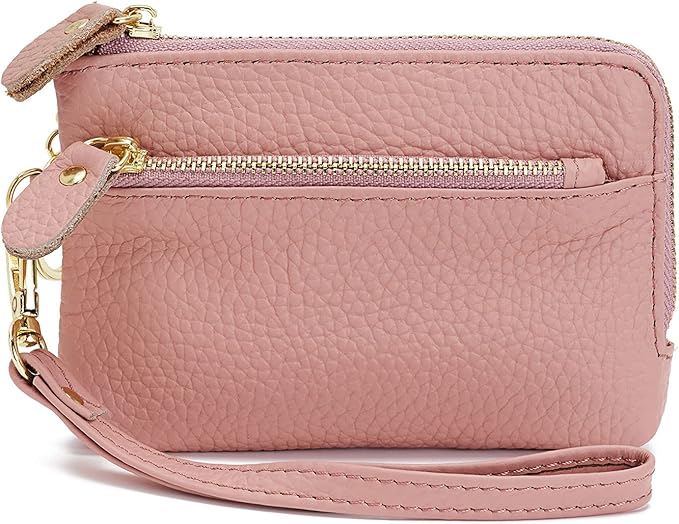 Genuine Leather Coin Purse for Women with Large Opening & Wrist Strap Navy (Pink)