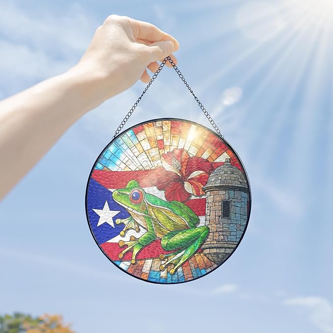 FLAGWIX Puerto Rico Gifts - Stained Glass Window Hanging 10 in - Puerto Rican Gifts for Women Men, Coqui Sun Catchers Indoor, House Warming Gift for Mom Dad Puerto Rican, Friend Gift Ideas