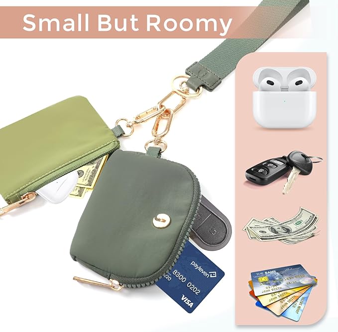 Dual Pouch Wristlet Keychain Wallets for Women with 2 Detachable Zipper Coin Purse - Small and Portable Mini Card Wallet for Women Men Gold Hardware Green+Dark Green