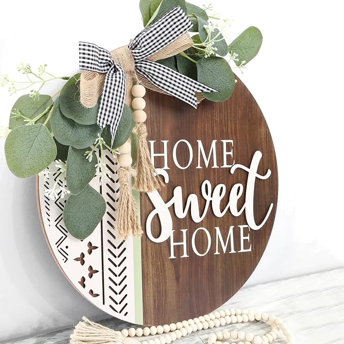 TOARTi 3D Welcome Front Door Wreath Porch Decor, Wooden Home Sweet Home Boho Outdoor Sign Hanging, Farmhouse Aztec Wall Sign Hanger with Artificial Leaves&Rustic Beads