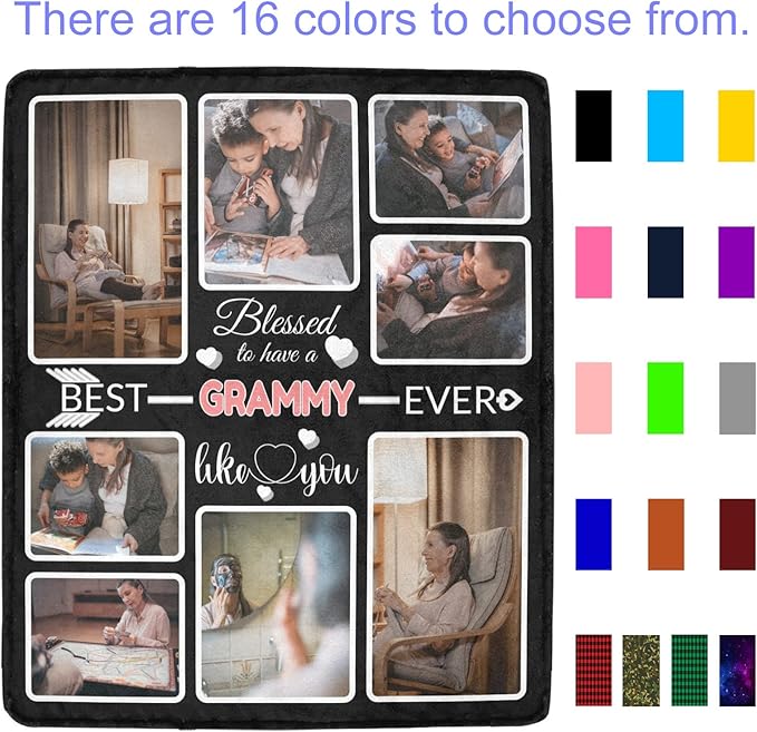 Custom Blanket Gifts for Grammy, Customized Blankets with Photos, Make a Personalized Bed Throws to My Grammy, Custom Souvenir Throw Blanket for Best Grammy Ever, 8 Collages Made in USA