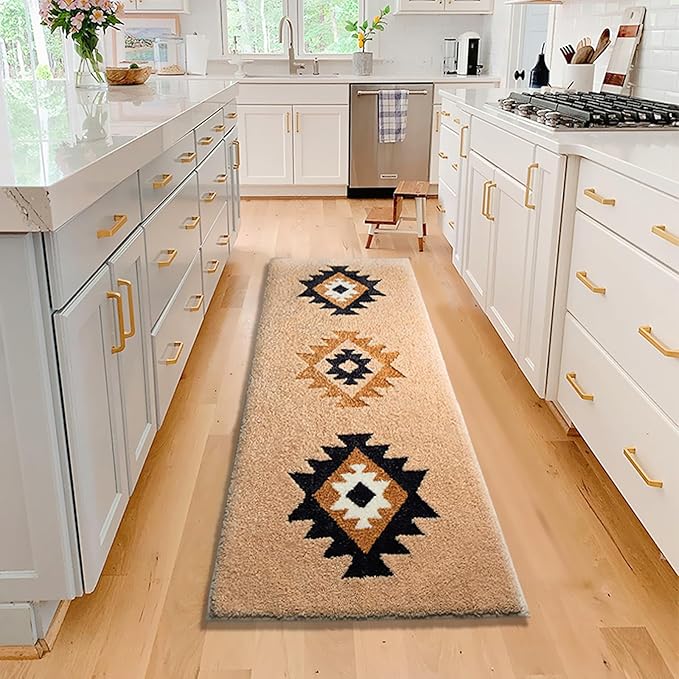 Boho Bathroom Rugs Runner 60x24 Inch Accent Long Non Slip Bohemian Area Runner Rug for Bathroom Tub Kitchen Entryway Laundry Bedroom Washable Bedside Rug Hallway Rug, Camel