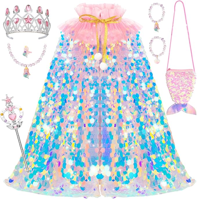 Meland Princess Dress Up for Girls 3-8, 11Pcs Mermaid Cape with Crown, Dress Up Clothes Birthday Gift Toys for Girls Toddlers