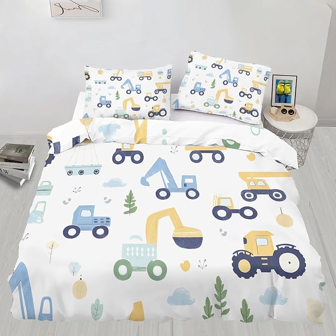 Cartoon Construction Vehicles Duvet Cover California King Excavator Bulldozer Bedding Set Trucks Car Comforter Set Kids Engineering-Themed Duvet Cover with Zipper Ties for Bedroom