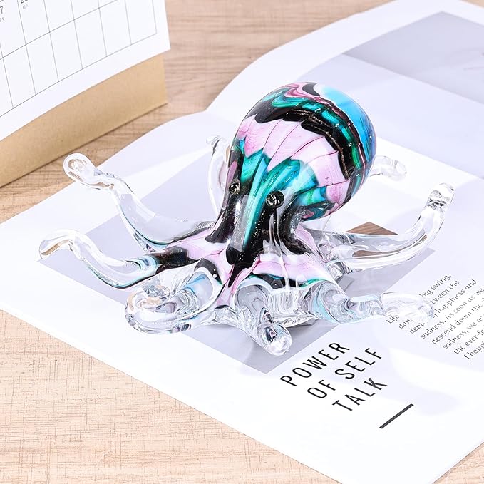 LCCCK Glass Octopus Statue Home Decor, Hand Blown Glass Decor Ocean Figurines Octopus Sculpture, Murano Art Office Desk Paperweights Fish Tank Aquarium Sea Animals Christmas Birthday Gift (Pink)