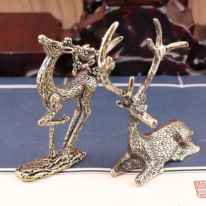Christmas Brass Deer Figurines,Mini Solid Brass Statue,2Pcs Miniature Deer Statues for Christmas Decor, Home Decorations