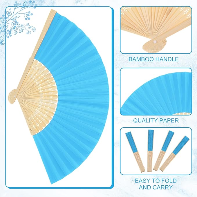 Yinkin 24 Pack Folding Fans Bamboo Handheld Folded Craft Hand Japanese Chinese Fans for Weddings Bridal Dancing Church DIY Decoration Women Gift Party Favors (Lake Blue)