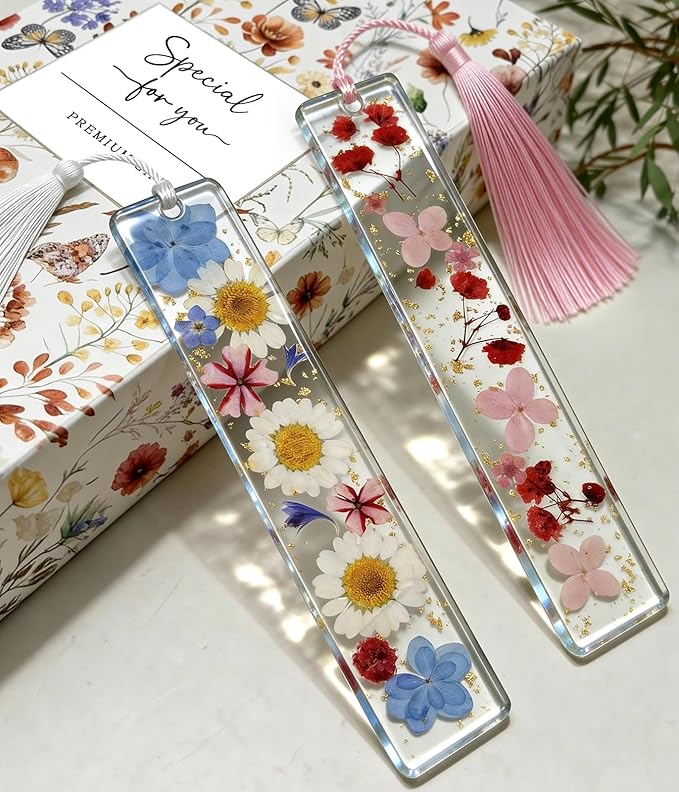 Buleens 2PCS Bookmarks for Women - Purple Book Marks for Readers Book Lovers, Personalized Handmade Dried Flower Resin Bookmark with Tassels, Pretty and Aesthetic