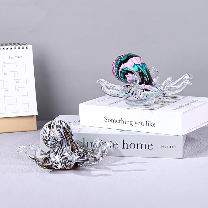 LCCCK Glass Octopus Statue Home Decor, Hand Blown Glass Decor Ocean Figurines Octopus Sculpture, Murano Art Office Desk Paperweights Fish Tank Aquarium Sea Animals Christmas Birthday Gift (Pink)