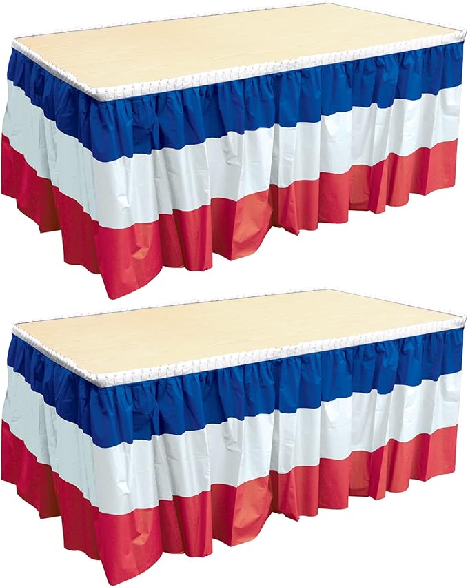 Beistle Plastic Patriotic Table Skirts 2 Piece Self Adhesive July 4th Tableware, Independence Day Decorations, 29" x 14', Red/White/Blue