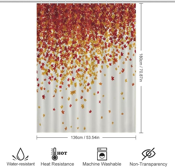 Fall Autumn Shower Curtain Maple Leaves Orange Red Leaf Harvest Waterproof Washable Fabric Bathroom Shower Curtains for Bathroom Decorations Home Indoor Decor 53x72Inch