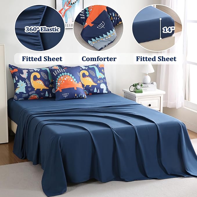 6 Pcs Bed in A Bag Full Comforter Set for Boys Girls, Dinosaur Comforter, Dinosaur Bedding Sets with Sheets for Kids