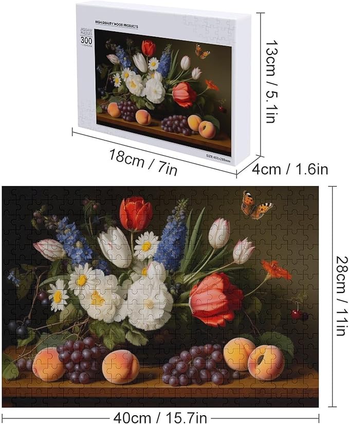 Wooden Puzzle - Vase Flower Grapes Peaches Wooden Puzzles for Adults 300 Pieces Challenge Puzzles，Educational Games，Family Puzzles，Unique Gifts for Wall Art ，Funny Puzzles