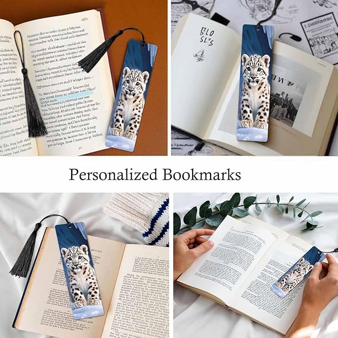 Snow Leopard Bookmarks 5 Pcs Cute Animal Spot Wooden Bookmark with Tassels for Reading Book Lovers Gift Office School Readers Teacher