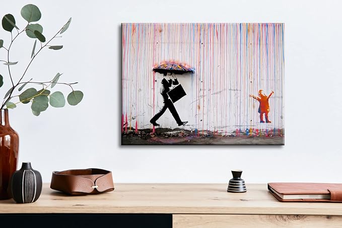 Wieco Art Banksy Raining Day or Colorful Graffiti Street Famous Canvas Paintings Wall Art Modern Inspirational Grey Love Pictures Print Artwork for Dining Room Kitchen Home Office Decor