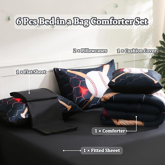 6pcs Baseball Twin Bedding Sets for Boys,Sports Black Twin Size Comforter Set with Sheets for Boys Kids Teens