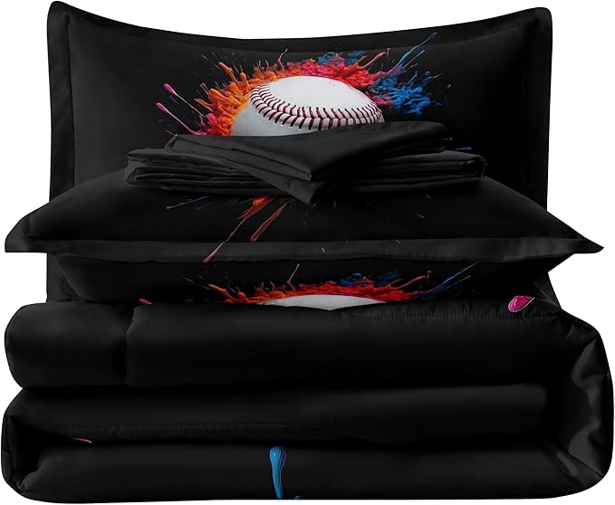 Helloosun 5PCS Baseball Comforter Set Twin,Boys Twin Comforter Set,Sports Baseball Bedding Set with Sheets,Red and Blue Color Bed Set