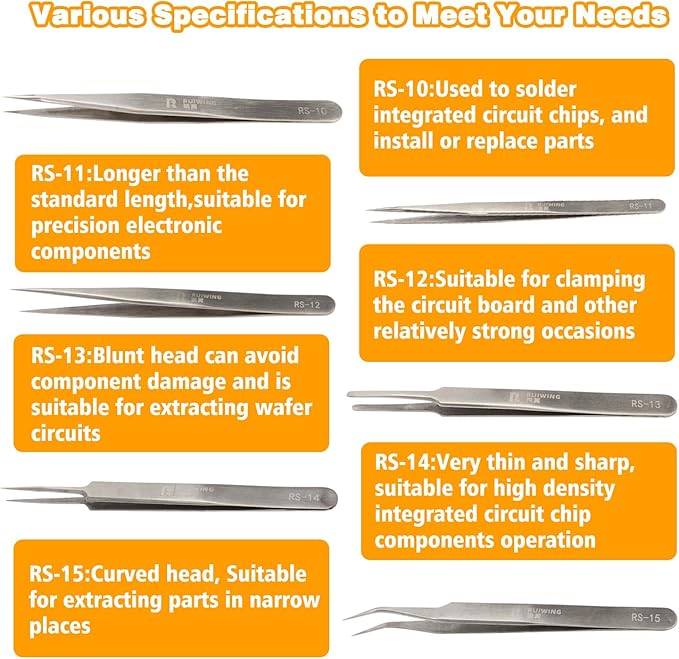 Precision Tweezers Set, 6 PCS Extra Thick Stainless Steel, Non-Magnetic, Heat Resistant for Electronics, Soldering, Jewelry, Craft, and Laboratory Work