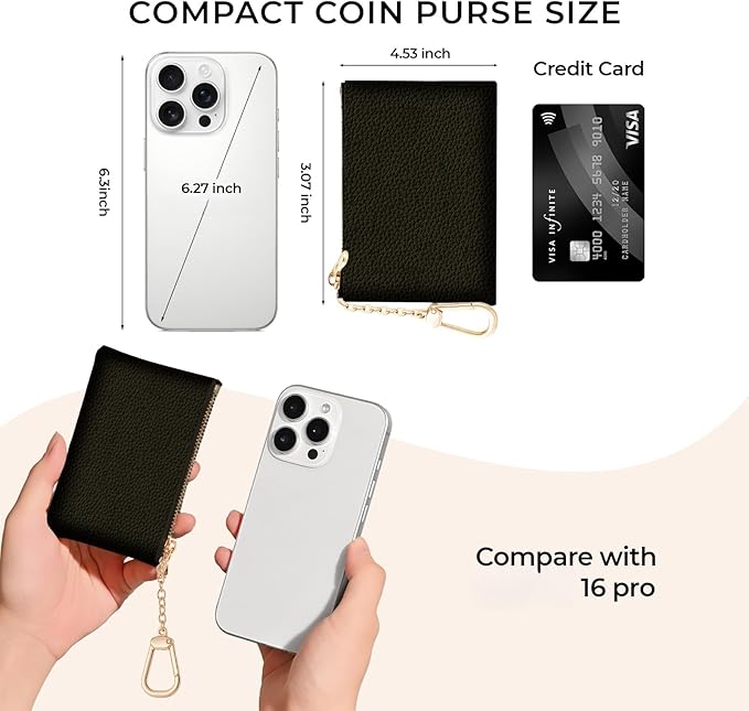 Black Keychain Coin Purse for Women, Small PU Leather Change Pouch, Zipper Little Tiny Travel Wallet for Girls, Cute Kawaii Zip Pocket Coin Holder with Key Ring