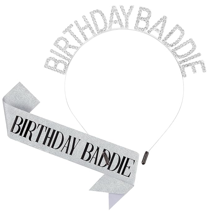 Aprince Birthday Baddie Sash and Tiara Crown for Women Girls Silver Happy Birthday Headband Accessiores Party Decorations