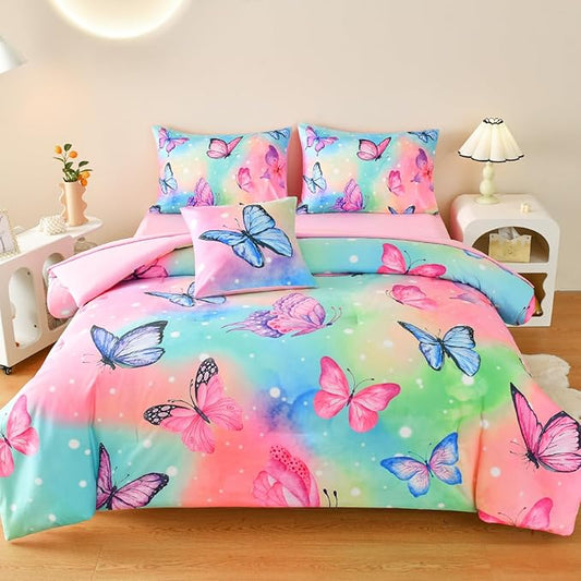 6 Pcs Bed in A Bag Full Comforter Set for Girls,Pink Butterfly Bedding,Butterfly Comforter Sets with Sheets for Kids Teens