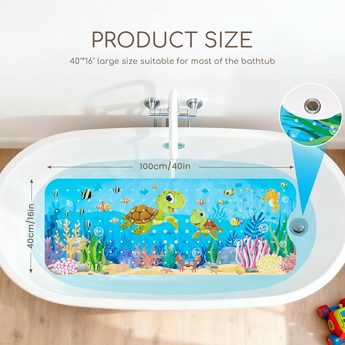 Baby Bath Mat for Tub, Non Slip Kids Bath Shower Mat, 40 X 16 Inch Large Bathtub Mat with Drain Holes and Suction Cups for Toddlers, Machine Washable and Waterproof (Turtle)