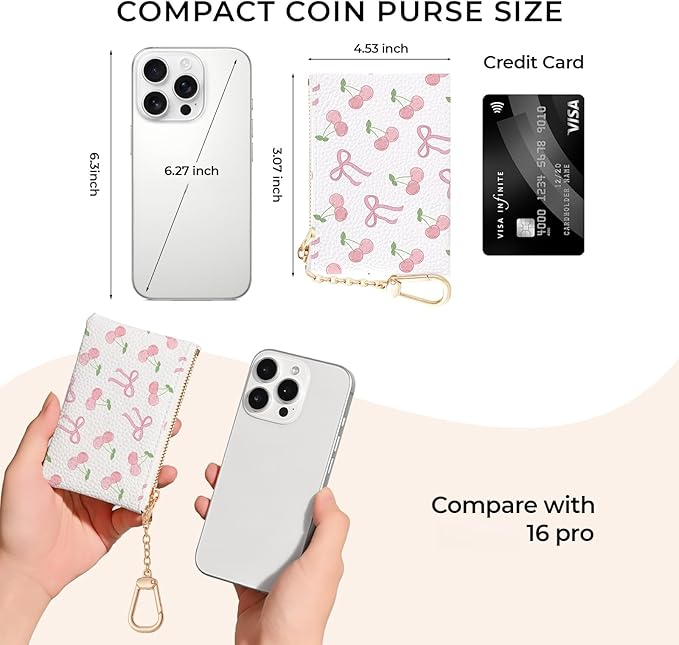 Coquette Bow Keychain Cute Coin Purse for Women, Small PU Leather Change Pouch, Zipper Little Tiny Travel Wallet for Girls, Kawaii Zip Pocket Coin Holder with Key Ring