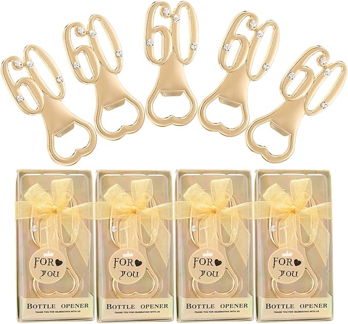 24 pcs Golden 60 Bottle Openers for Guests 60th Birthday Party Favors Rhinestones Decorations for Birthday souvenirs Keepsake for Guests(Gold, 60 style)