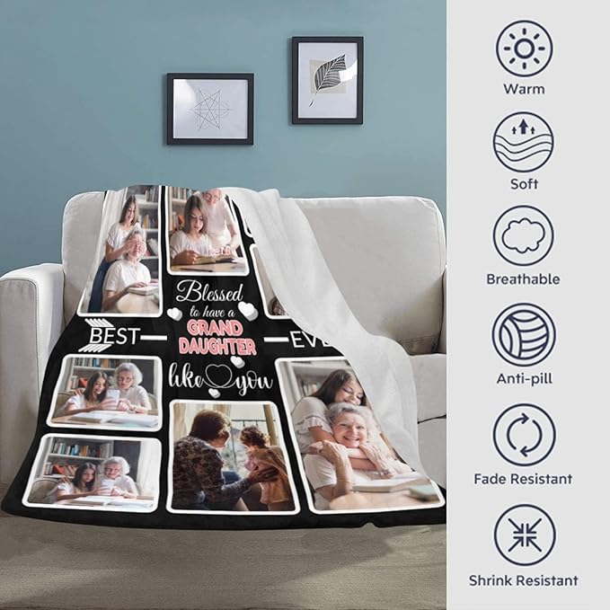 Custom Blanket Gifts for Granddaughter, Customized Blankets with Photos, Make a Personalized Bed Throws, Custom Souvenir Throw Blanket for Best Granddaughter Ever, 8 Collages Made in USA