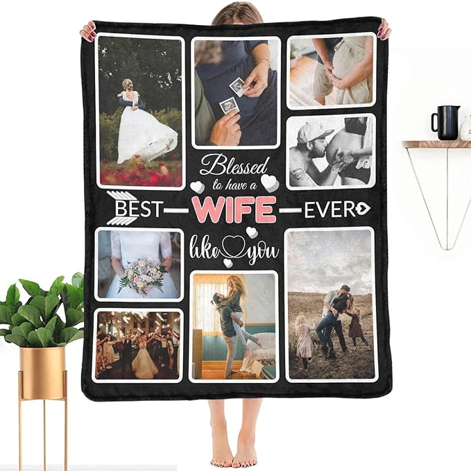 Custom Blanket Gifts with Photos, Personalized Bed Throws for Best Wife, Custom Souvenir Throw Blanket, 8 Collages Made in USA