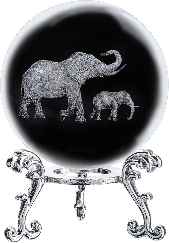ZEERSHEE 60mm 3D Glass Laser Engraved Mother Son Elephants Crystal Ball with Stand Decorative Sphere Elephant Gifts for Women