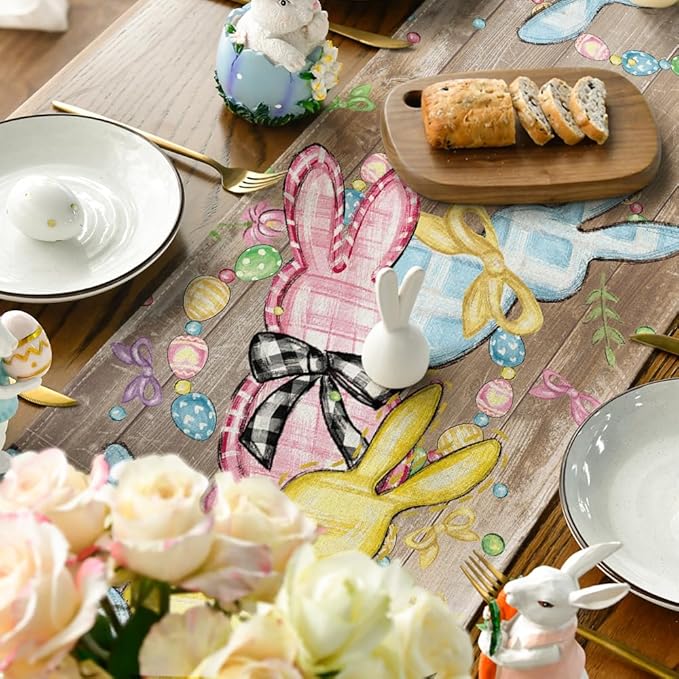 Artoid Mode Wood Floral Bow Bunny Rabbits Eggs Easter Table Runner, Seasonal Spring Kitchen Dining Table Decoration for Home Party Decor 13x72 Inch