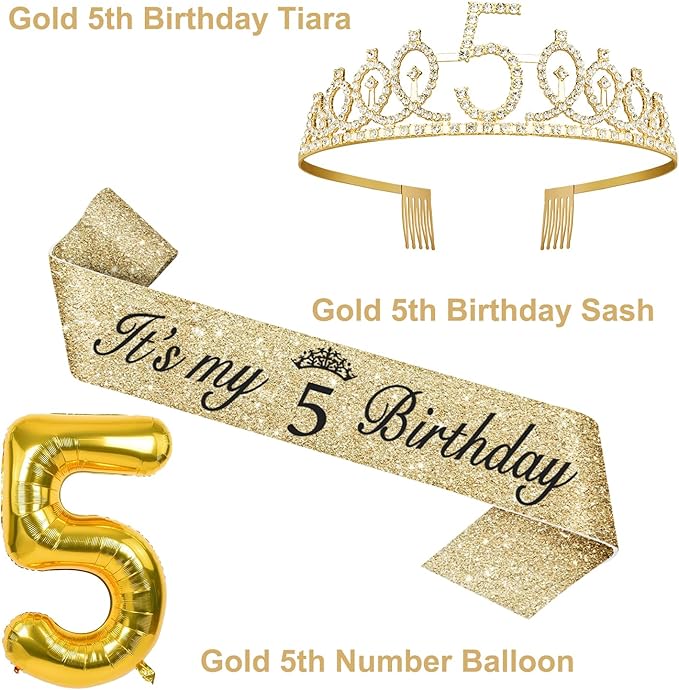 5th Birthday Decorations for Girls, Including Sash and Tiara, 5 Candles and Cake Toppers, Number 5 Balloon Gold, 5th Birthday Gifts for Girls (Gold)