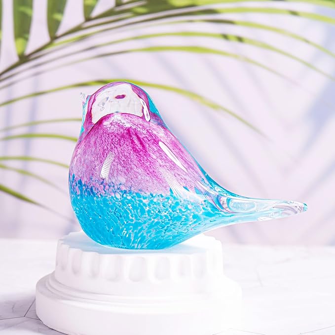 5.5" Hand Blown Glass Blue Bird Figurine Glass Pink and Blue Birds of Happiness Statue Crystal Animal Sculpture Decorative Ornaments for Home Decoration,Birthday Present,Women Gift for Christmas