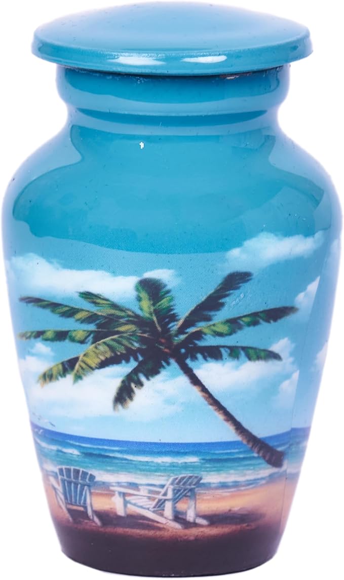 HLC Blue Beach Small Keepsake - Keepsake Urn with 1 Velvet Box Bag-Mini Keepsake Urn - Ashes Urn 3" H x 2.5" W x 2.5" L