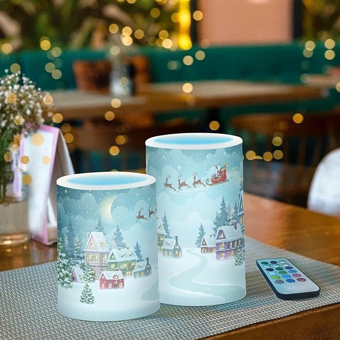 ALAZA Santa Reindeer Winter Christmas Scene Snow Flickering Flameless Candles Battery Operated with Remote Timer,Tea Light Candles LED Pillar Votive Candles Set of 2 for Outdoor Indoor Decorations